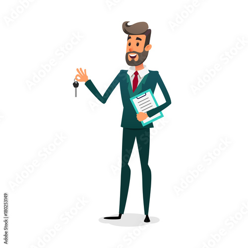 The car dealer gives the keys. Happy auto seller with documents. A cartoon confident young salesman is selling a car. The automobile owner makes a deal. Man Renting a Car.