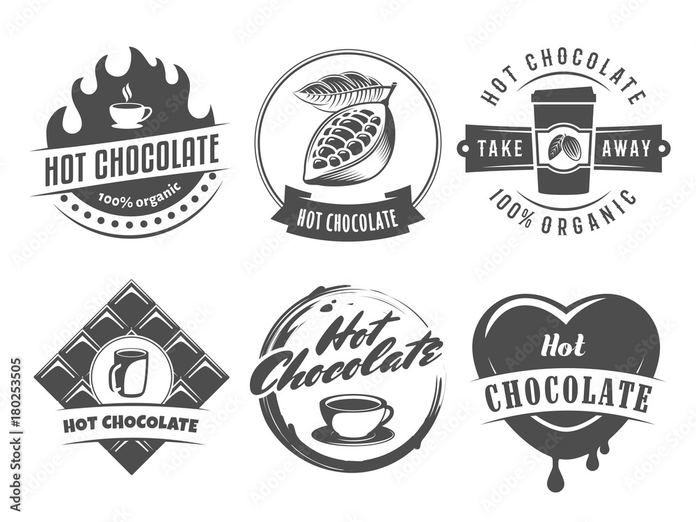 Vector hot chocolate logos. Cacao drink badges. Set of vintage stickers