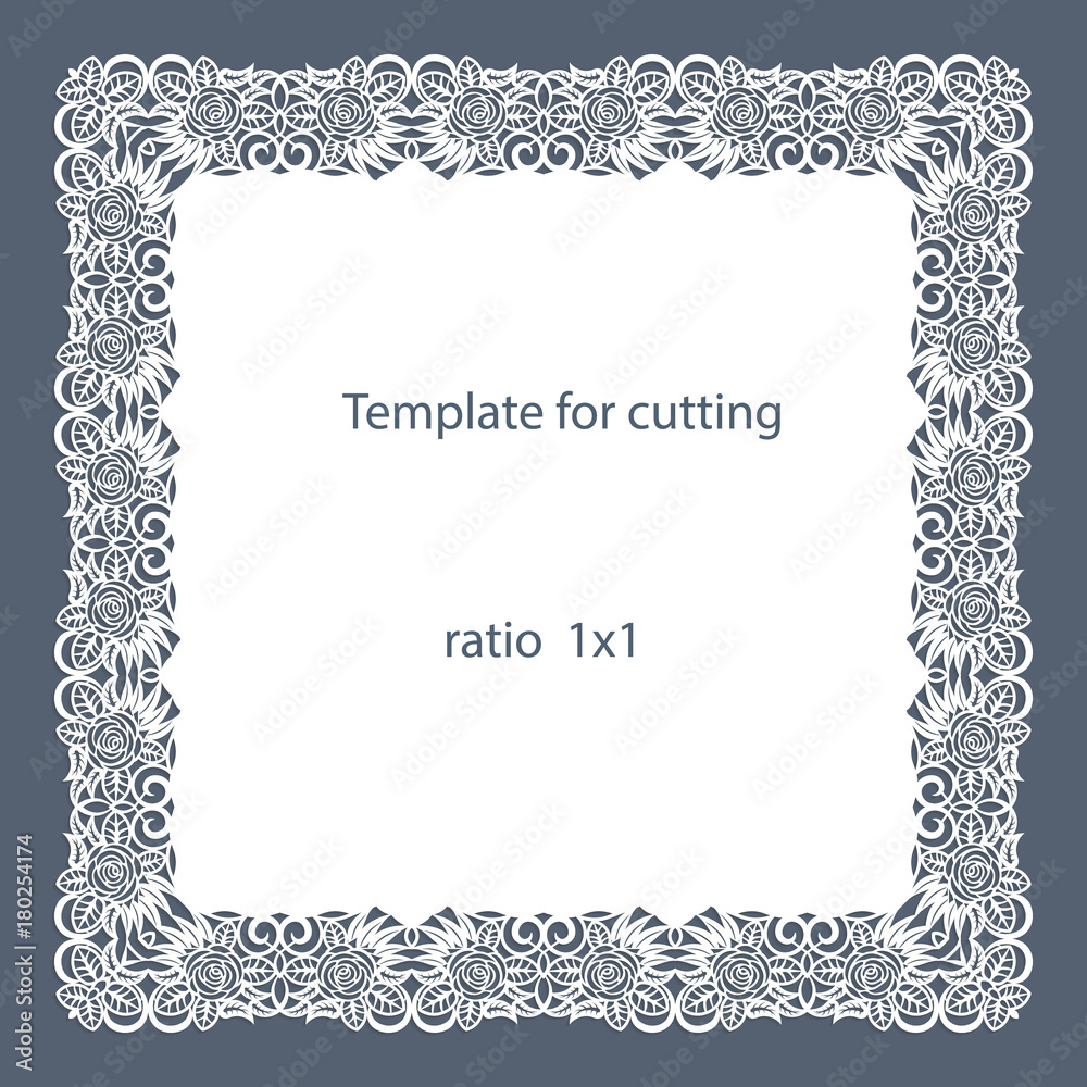 Fototapeta premium Greeting card with openwork border, paper doily under the cake, template for cutting, wedding invitation, decorative plate is laser cut, vector illustrations.