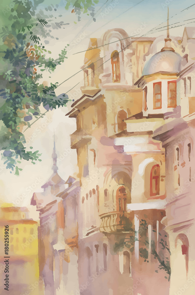 Watercolor painting of old buildings.