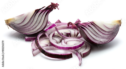 Two red onion quarters with sliced pieces isolated on white background.