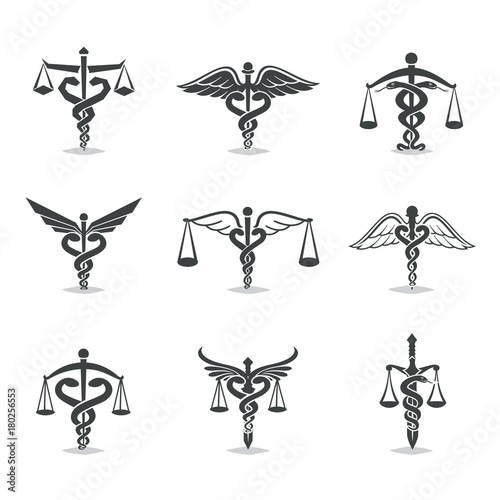 scales of justice. The set scales, justice, Academy, health care logos, emblems and design elements. Labels and badges Law firm, health, medicine, business.