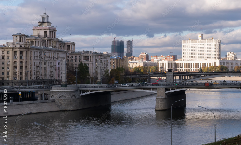 View on Moscow river. Rostovskay embankment. Bridge, factory.