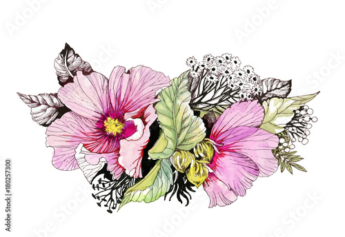 Hand drawn watercolor pink flower isolated on white background.