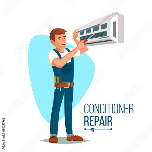 Air Conditioner Repair Worker Vector. Young Happy Male Technician Gesturing. Isolated Flat Cartoon Character Illustration