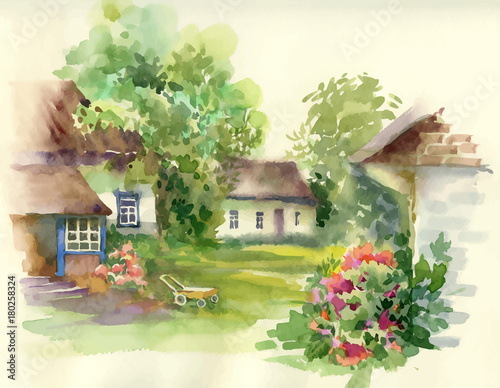 Wallpaper Mural Watercolor summer rural landscape with trees at countryside. Torontodigital.ca
