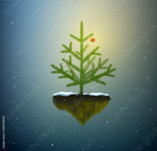 Christmas tree with one red buble growing on the flying rock in dreamland sky, Christmas fairy,