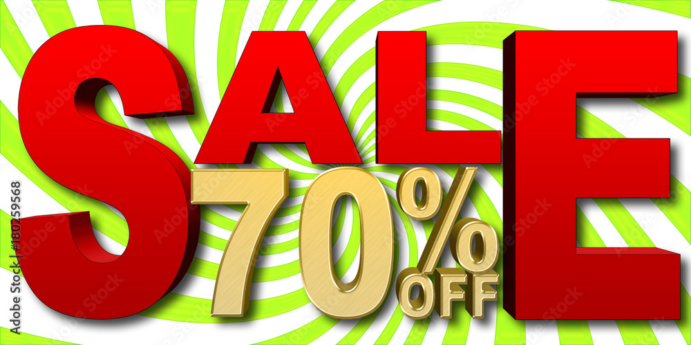Stock Illustration - Golden 70 Percent Off, Red Sale, Green and White Background, 3D Illustration.