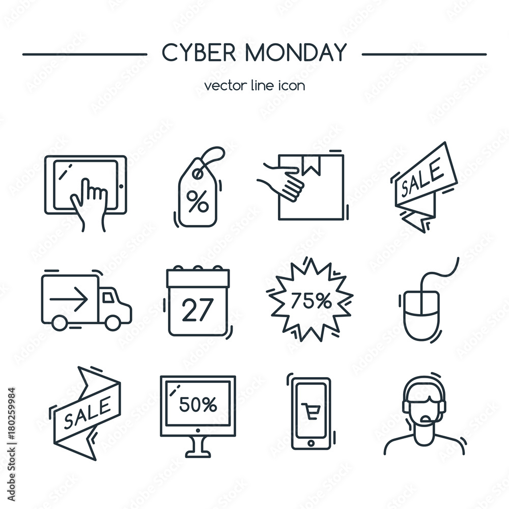 Fototapeta premium Cyber monday. Line icons set. Vector illustration.