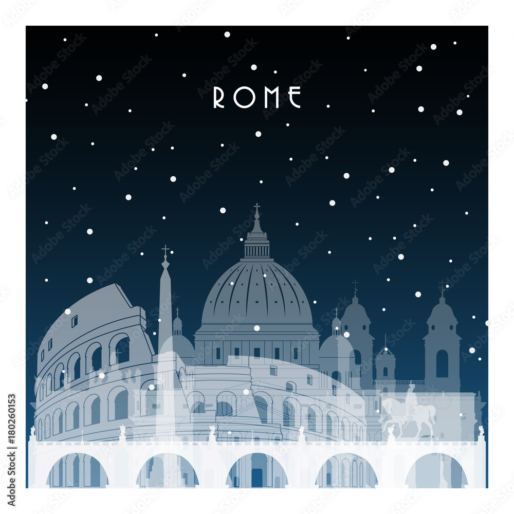 Winter night in Rome. Night city in flat style for banner, poster, illustration, game, background.