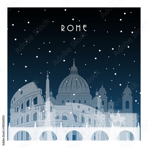 Winter night in Rome. Night city in flat style for banner, poster, illustration, game, background.