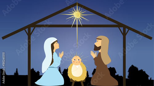 New born baby Jesus with his parents praying, picture on the background.