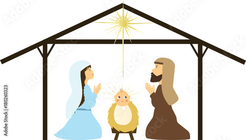 New born baby Jesus with his parents praying.