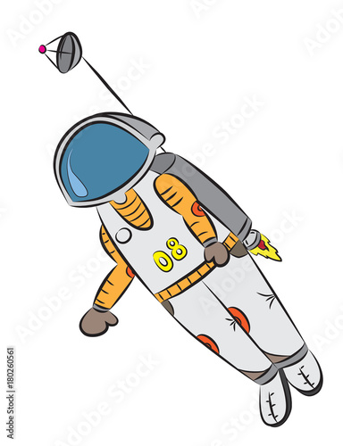 Astronaut in a spacesuit using rocket backpack in a space