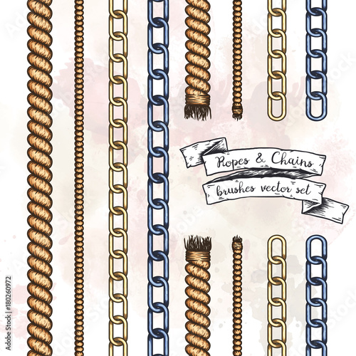 Set of hand drawn editable brushes of ropes and chains.