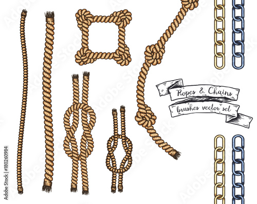 Set of hand drawn editable brushes of ropes and chains.