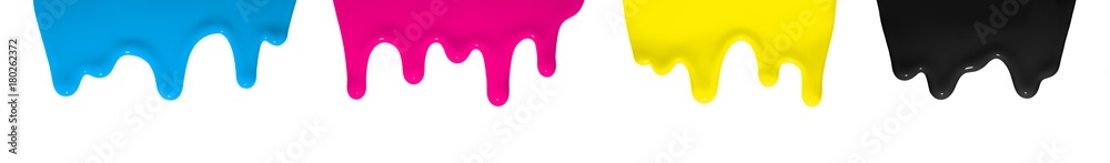 flüssige Farbe in CYMK (Cyan, Magenta, Gelb, Schwarz) isoliert auf weißem Hintergrund
