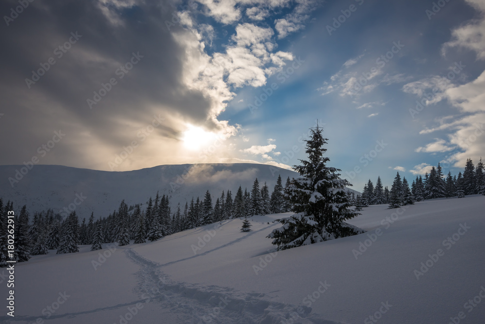 Panorama of winter mountains during sunset Panorama of winter mountains during sunset
