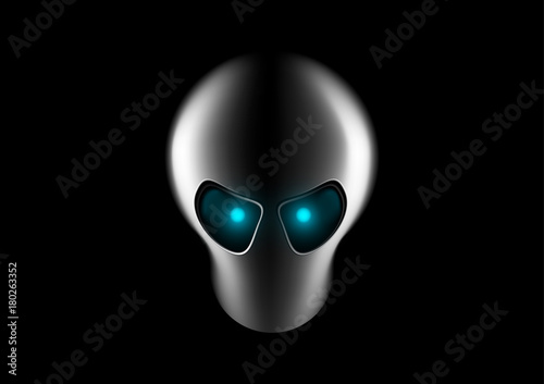 alien face with blue eyes on dark background. Invader head. UFO icon