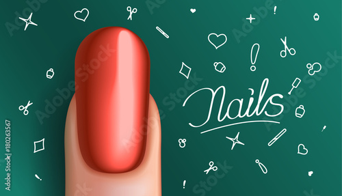 Matt polish on the nails, on finger, salon pattern and logo.