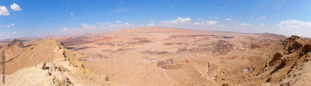 Scenic panorama landscape of Crater Ramon in Negev desert.
