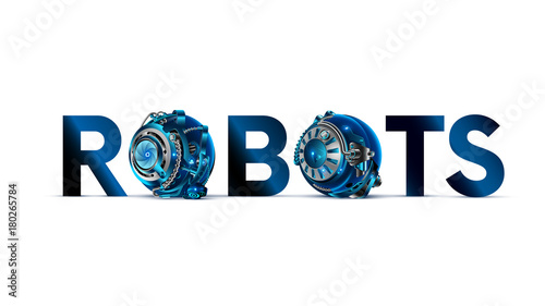 The word or logo ROBOTS with mechanical letters on white background in the style of cyberpunk. The letter O in the style of the details of the cybernetic mechanism or robot