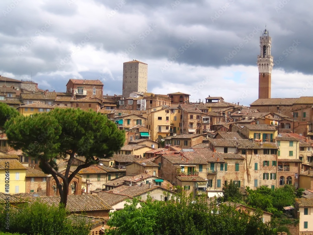 Vue sur la vieille ville médiévale de Sienne en Toscane (Italie)