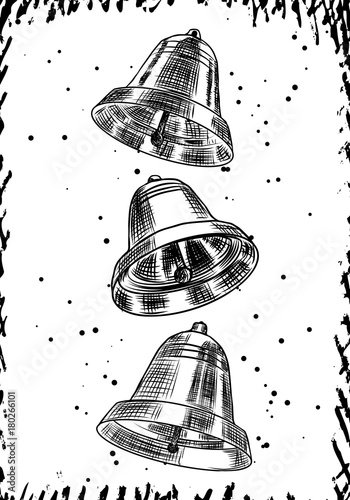 Merry Christmas and Happy New Year hand drawn greeting card with jingle bells. Modern and classic creative Christmas Holiday card. Hand drawn festive flyer. Vector.
