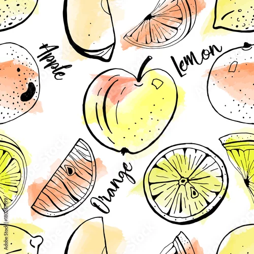 Tapety Wektorowy bezszwowy wzór ręka rysujący jabłko, pomarańcze, cytryna z plasterkami na akwareli tle. Okładka, nadruk.