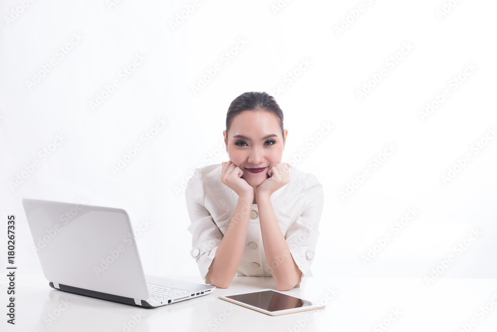 Business woman smile on the work desk on white background Business woman smile on the work desk on white background