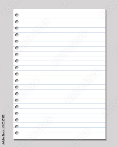 Vector sheet of lined paper with holes for binding isolated