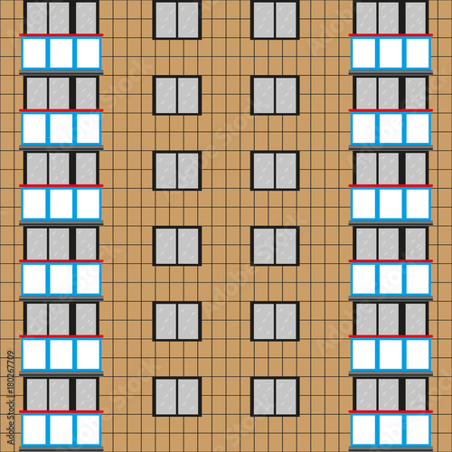 A large wall of an apartment building with windows and balconies. Vector illustration.