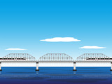 Two high-speed trains on the railway bridge. Vector illustration.