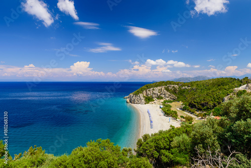 The scenic Tsabou beach, a popular destination on the Greek island of Samos, Greece