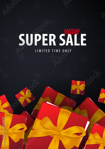 Sale poster or Flyer design with gifts. Discount background for the online store, shop, promotional leaflet, poster, banner. Vector illustration.