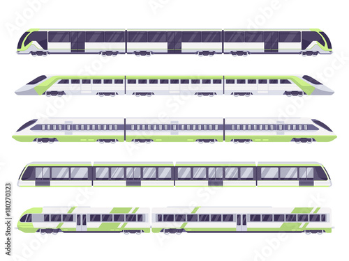 Set of passenger train. Subway transport underground train. Metro train vector illustration