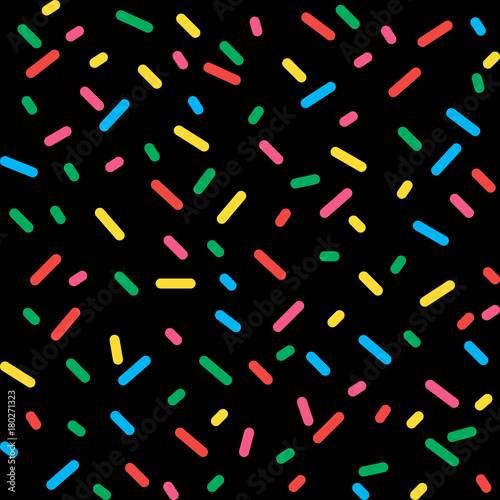 Abstract black background with confetti. Vector seamless pattern with geometric figures. Hipster fill. Color image. Holiday composition. Multipurpose backdrop. Stocking up for the holidays, workspace