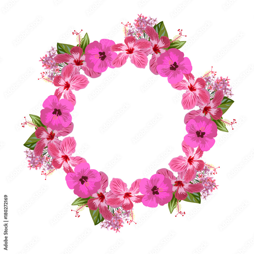 Beautiful floral wreath with pink hibiscus. Template for greeting cards, invitations, weddings, Valentine's Day, birthdays. Vector illustration drawn by hand.