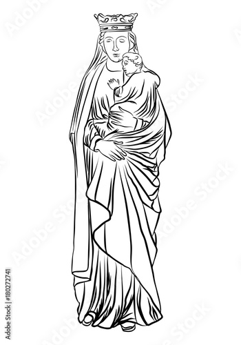 Mother Mary with Jesus Christ baby in her hands. Mother of God with a child. The Nativity or the Birth of the Blessed Jesus Christ. Blackwork adult flesh tattoo concept. Vector.