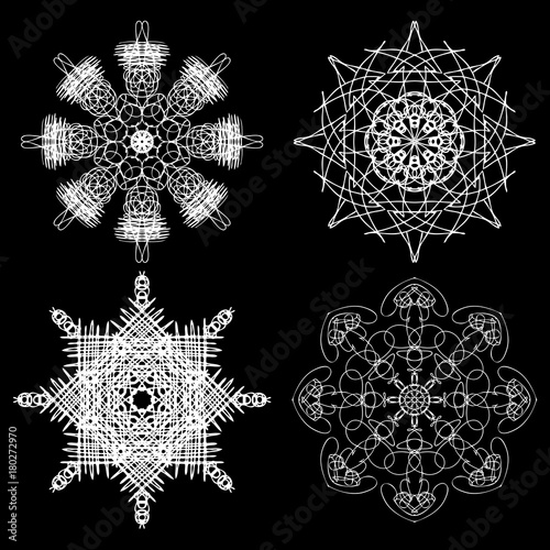 Mandala round ornament decoration floral motif. Chakra symbol for meditation  complex weave medallion decorative round ornaments. Oriental snowflakes. Anti stress therapy coloring. Vector.