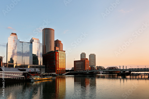 Boston Financial District before sunrise viewing from Fan Pier Park  Boston  Massachusetts  USA