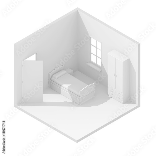 3d isometric rendering of white child bedroom