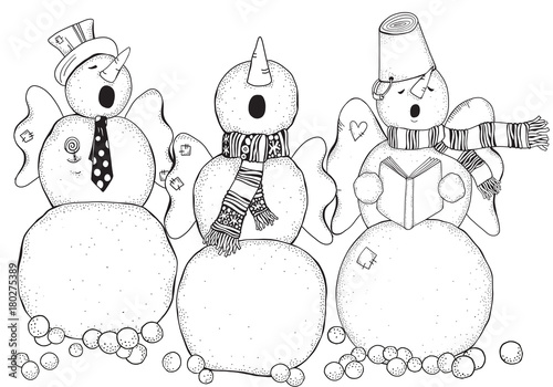 Cheerful snowmen sing songs . Winter, snow, chorus. Merry Christmas, Happy New Year. Pattern for adult coloring book. Black and white.