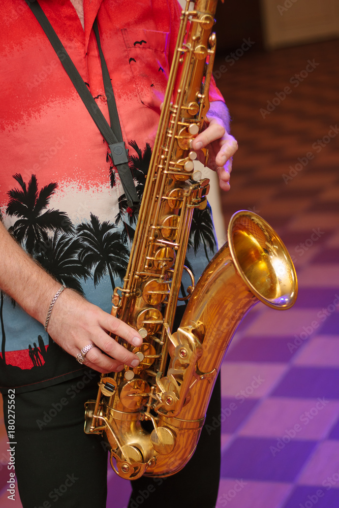 Obraz premium Musician playing on the saxophone at room.