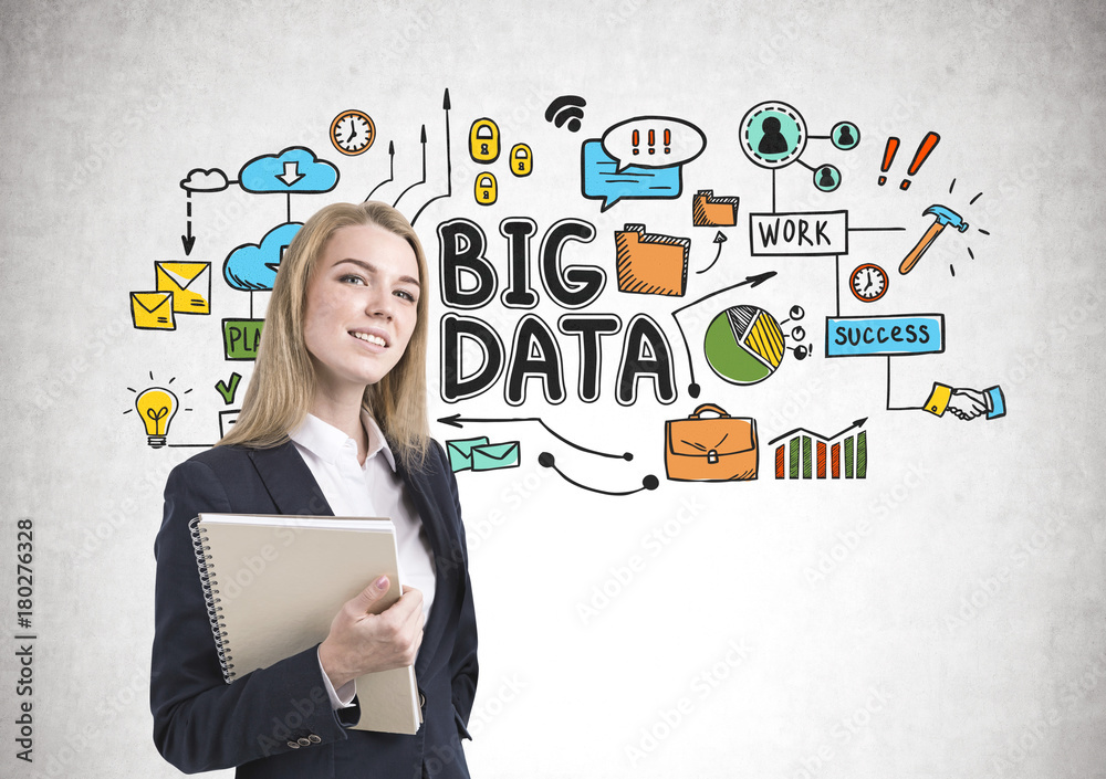 Smiling blonde businesswoman, notebook, big data Smiling blonde businesswoman, notebook, big data