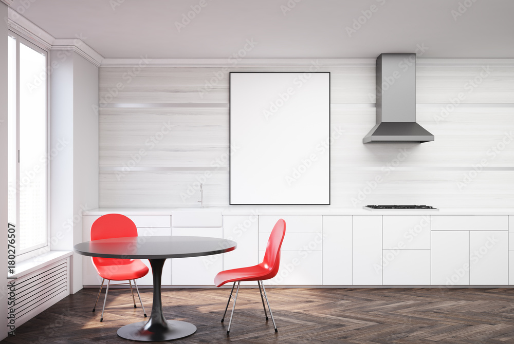 White and wooden dining room, red chairs White and wooden dining room, red chairs