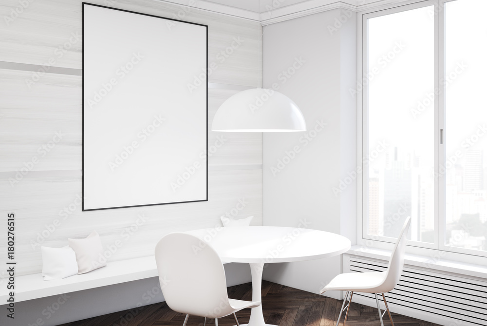 White dining room interior, table and poster side White dining room interior, table and poster side