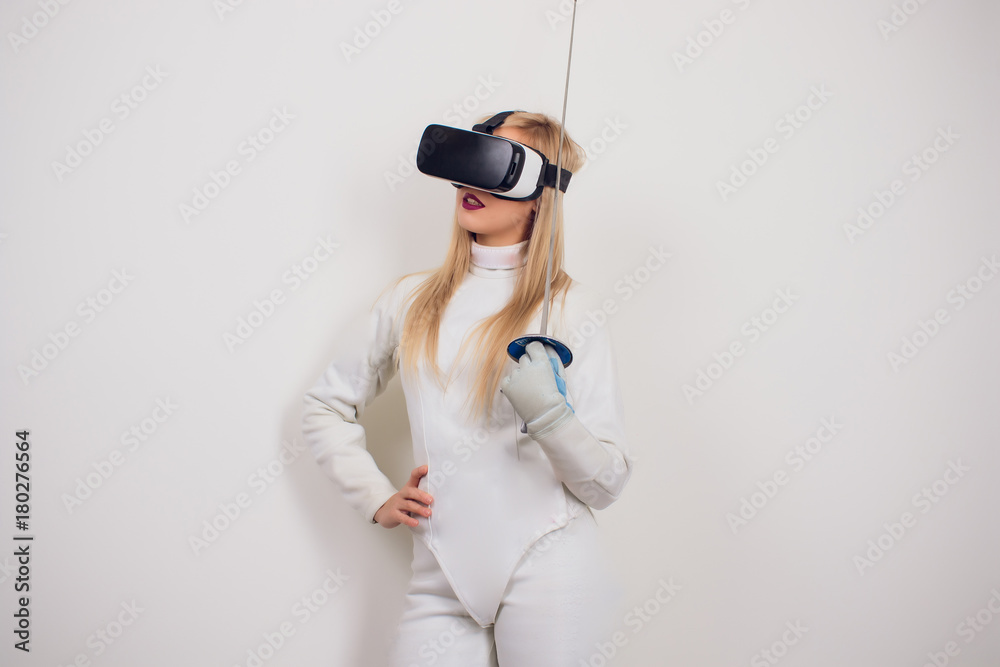 girl fencing blonde virtual reality glasses vr Stock Photo | Adobe Stock