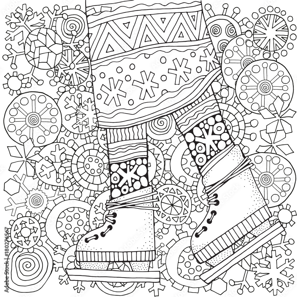 Winter girl on skates. Winter snowflakes. Adult Coloring book page. Hand-drawn vector illustration. Pattern for coloring book. Zentangle. Black and white.