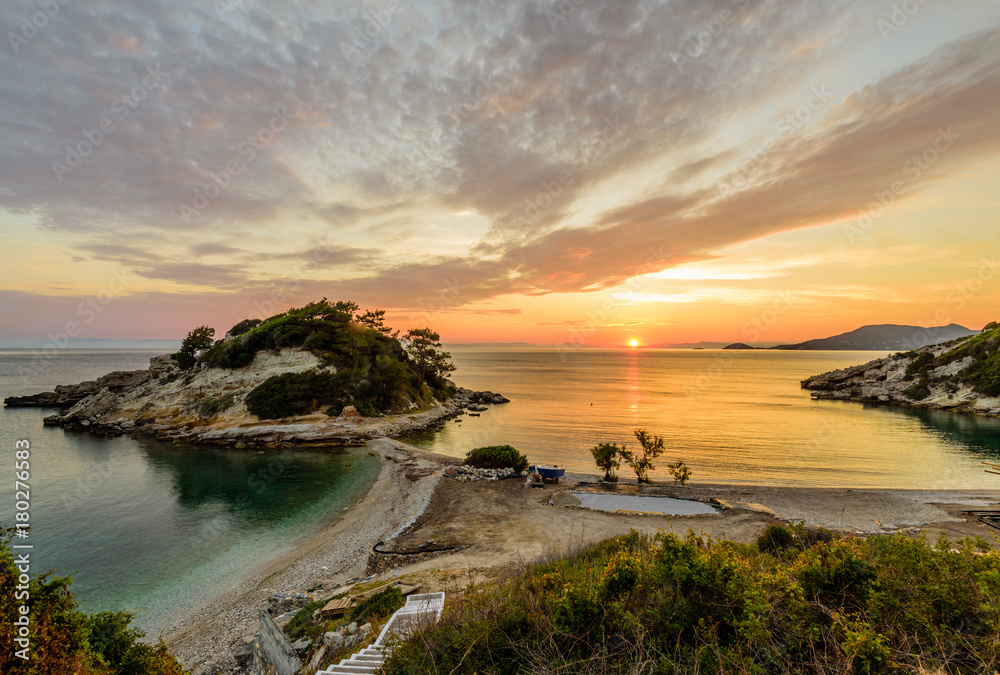 Fototapeta premium Beautiful sunrise in Kokkari village on Samos island, Greece